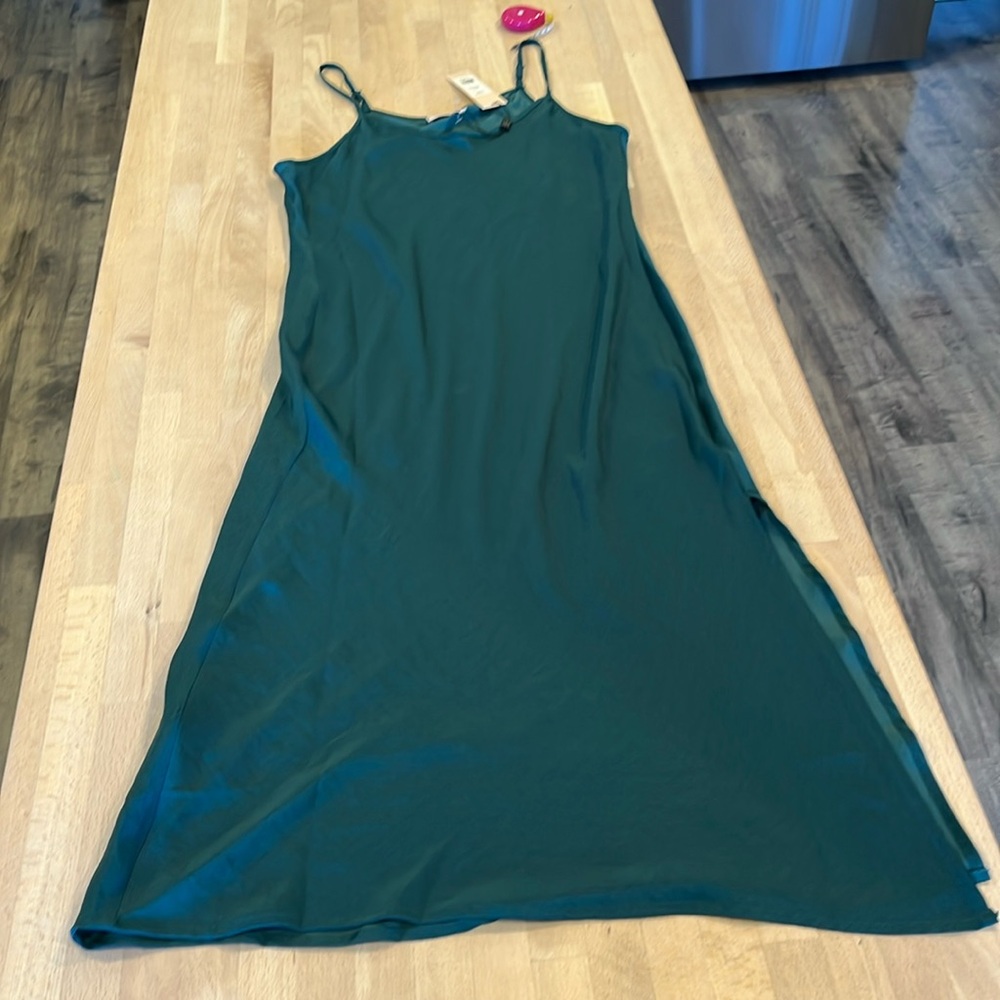 NWT Emerald Midi Satin Slip Dress Side Slit Round Neck Adjustable Straps Small